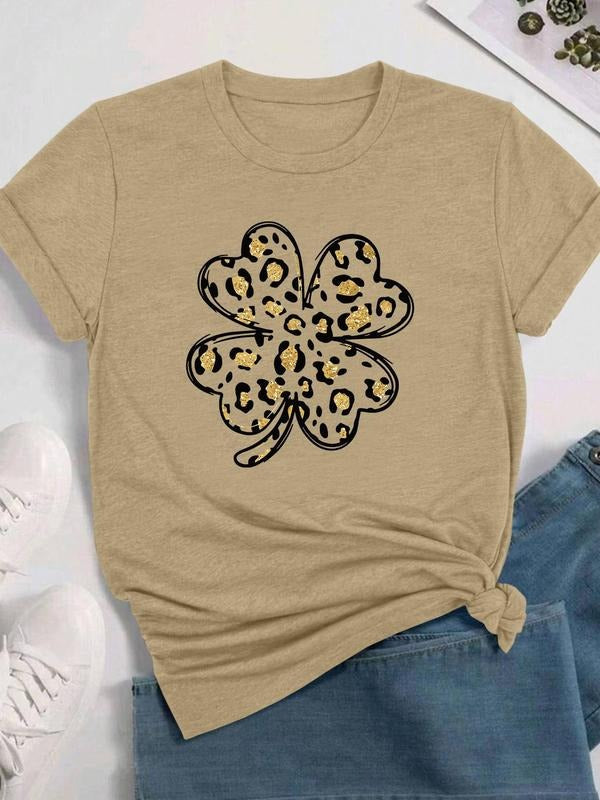 Leopard & Plants Print Round Neck Casual Crew Neck Daily Vacation Outdoor Clothes All Seasons T-Shirts, Hoodie, Sweatshirt - T-Shirt, Sweatshirt, Hoodie