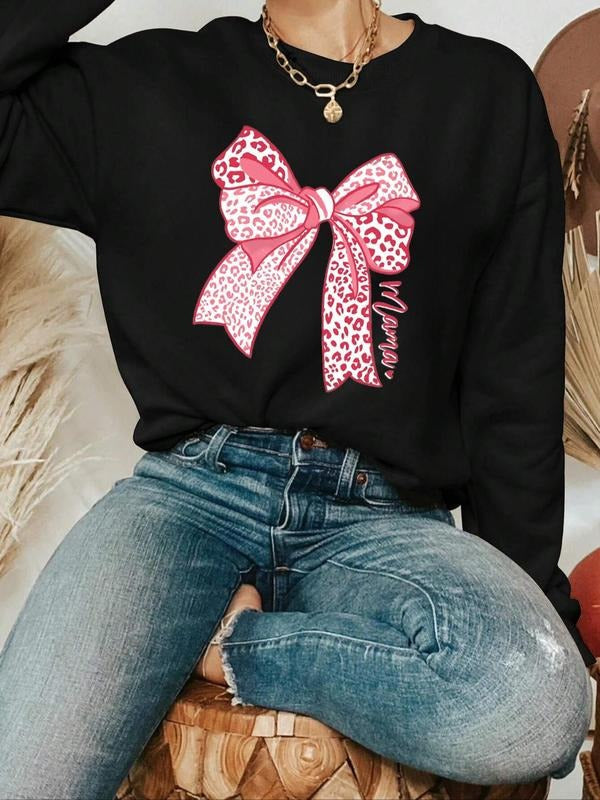 Leopard Bow Print Drop Shoulder Casual Long Sleeve Round Neck Daily Outdoor Clothes Fall & Winter T-Shirts, Hoodie, Sweatshirt - T-Shirt, Sweatshirt, Hoodie