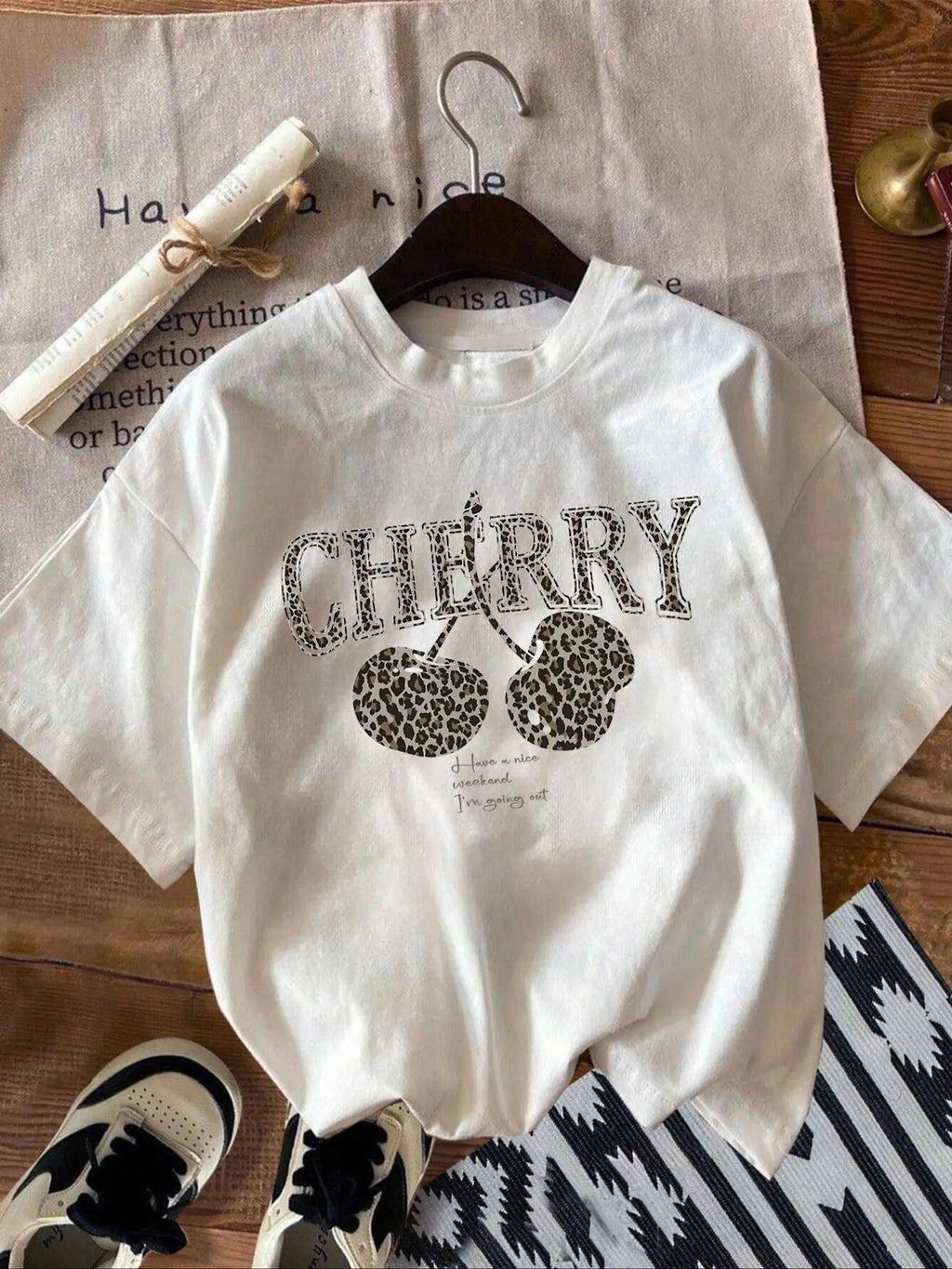 Leopard Cherry & Letter Print Round Neck Regular Fit Casual Comfy Short Sleeve Crew Neck Spring Top Daily T-Shirts, Hoodie, Sweatshirt - T-Shirt, Sweatshirt, Hoodie