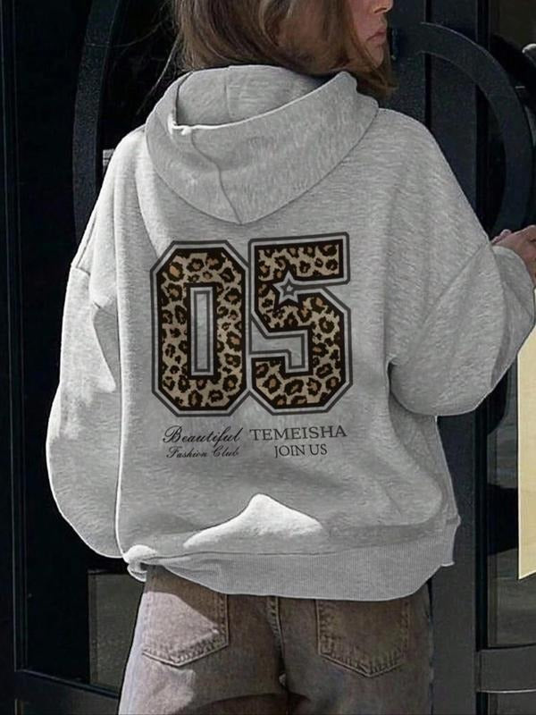 Leopard Print Drop Shoulder Thermal Lined Casual Drawstring Pocket Hooded Daily Outdoor Fall & Winter T-Shirts, Hoodie, Sweatshirt - T-Shirt, Sweatshirt, Hoodie