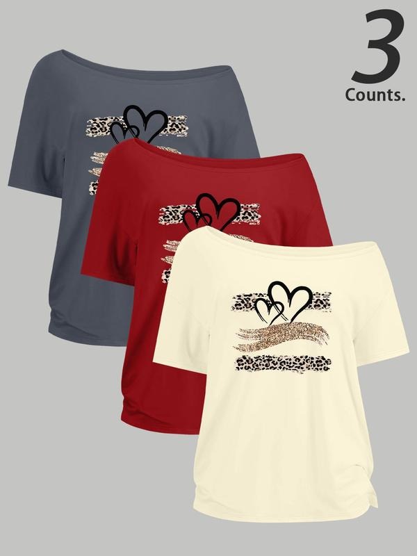 Leopard Print One Shoulder Casual Heart Print Short Sleeve Daily Clothes All Seasons Top T-Shirts, Hoodie, Sweatshirt - T-Shirt, Sweatshirt, Hoodie