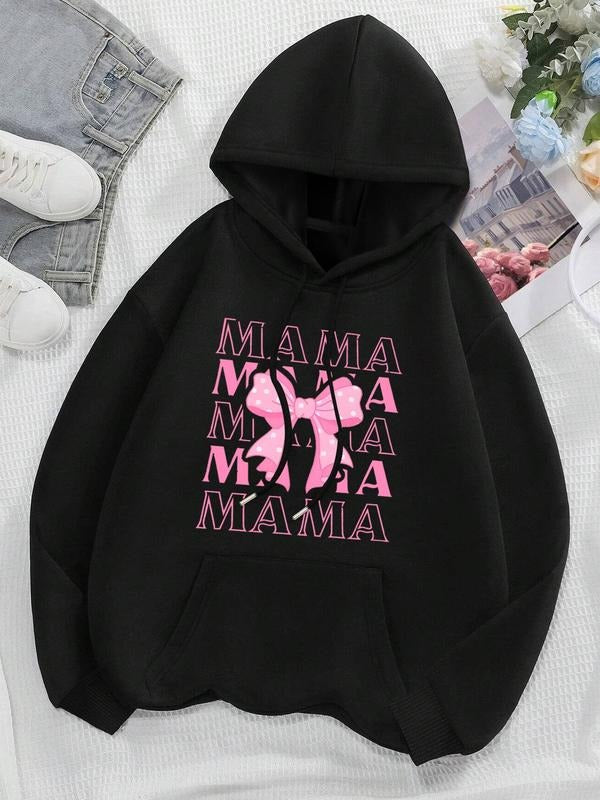 Letter & Bow Print Drop Shoulder Thermal Lined Casual Drawstring Pocket Hooded Daily Outdoor Fall & Winter T-Shirts, Hoodie, Sweatshirt - T-Shirt, Sweatshirt, Hoodie