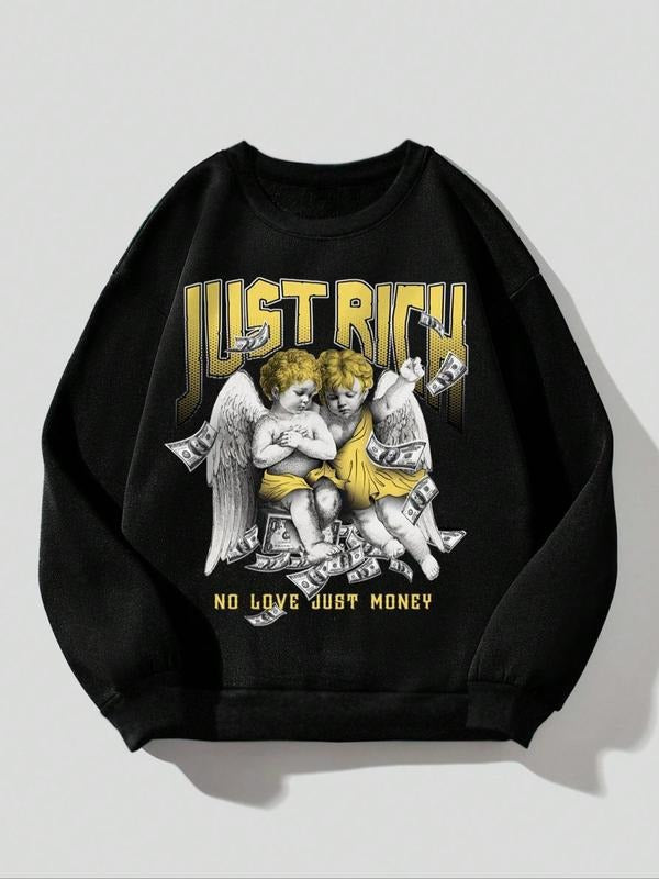 Letter & Angel Print Drop Shoulder Casual Long Sleeve Round Neck Spring & Fall Clothes Daily T-Shirts, Hoodie, Sweatshirt - T-Shirt, Sweatshirt, Hoodie