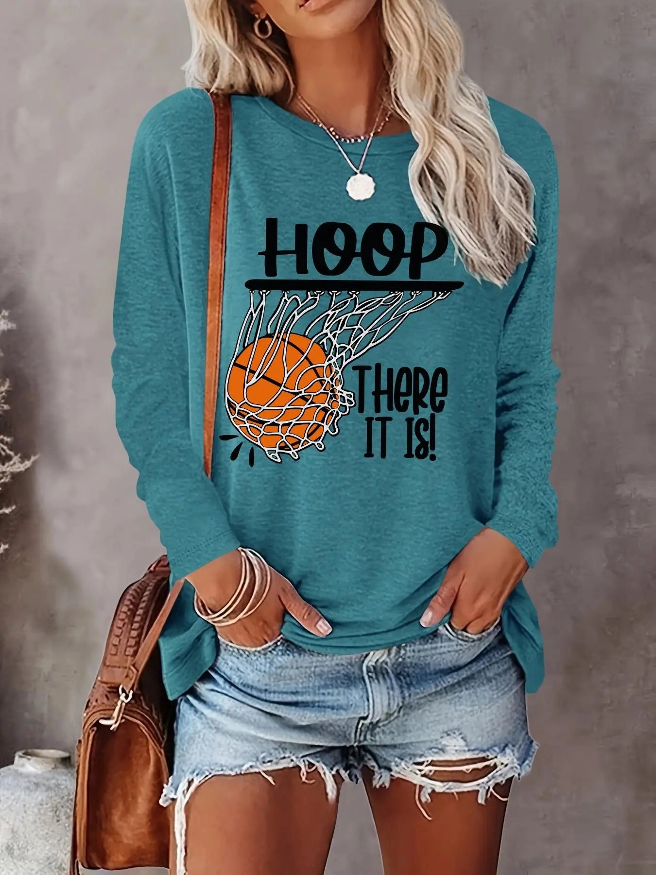 Letter & Basketball Print Round Neck Casual Long Sleeve Crew Neck Fall & Winter Top Daily T-Shirts, Hoodie, Sweatshirt - T-Shirt, Sweatshirt, Hoodie