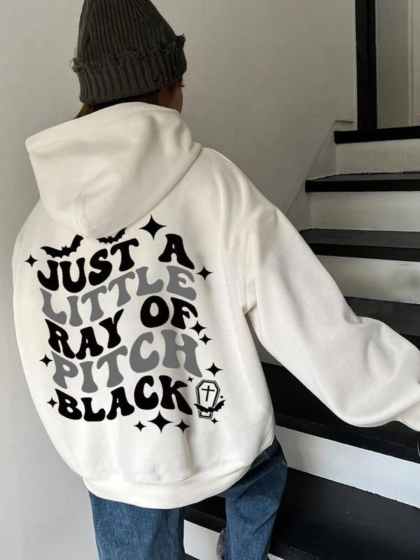 Letter & Bat Print Drop Shoulder Casual Drawstring Pocket Hooded Daily Outdoor Fall & Winter T-Shirts, Hoodie, Sweatshirt - T-Shirt, Sweatshirt, Hoodie