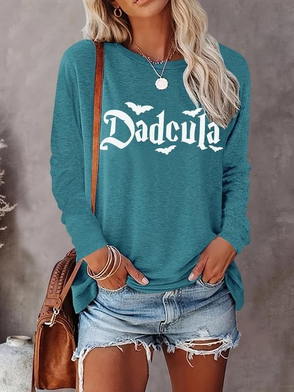 Letter & Bat Print Round Neck Casual Halloween Long Sleeve Crew Neck Daily All Seasons T-Shirts, Hoodie, Sweatshirt - T-Shirt, Sweatshirt, Hoodie
