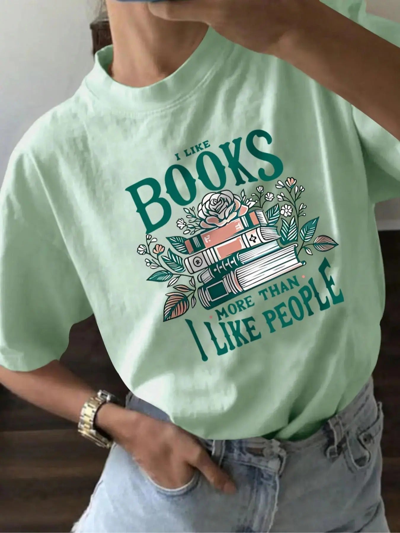 Letter & Book Print Round Neck Casual Short Sleeve Daily Summer Tops T-Shirts, Hoodie, Sweatshirt - T-Shirt, Sweatshirt, Hoodie