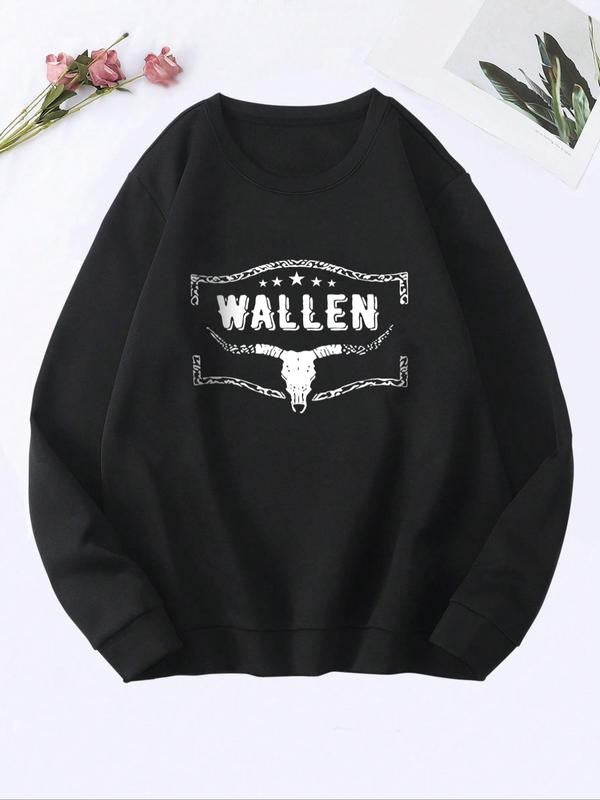 Letter & Bull Print Round Neck Casual Long Sleeve Crew Neck Top Fall & Winter Lady'S Comfort Clothes Sweatsuits Daily Womenswear T-Shirts, Hoodie, Sweatshirt - T-Shirt, Sweatshirt, Hoodie