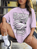 Letter & Car Print Drop Shoulder Casual Round Neck Short Sleeve Summer Clothes Lady Summer Top Daily T-Shirts, Hoodie, Sweatshirt - T-Shirt, Sweatshirt, Hoodie