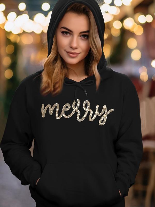 Letter & Print Drop Shoulder Long Sleeve Casual Drawstring Pocket Hooded Daily Outdoor Fall & Winter T-Shirts, Hoodie, Sweatshirt - T-Shirt, Sweatshirt, Hoodie