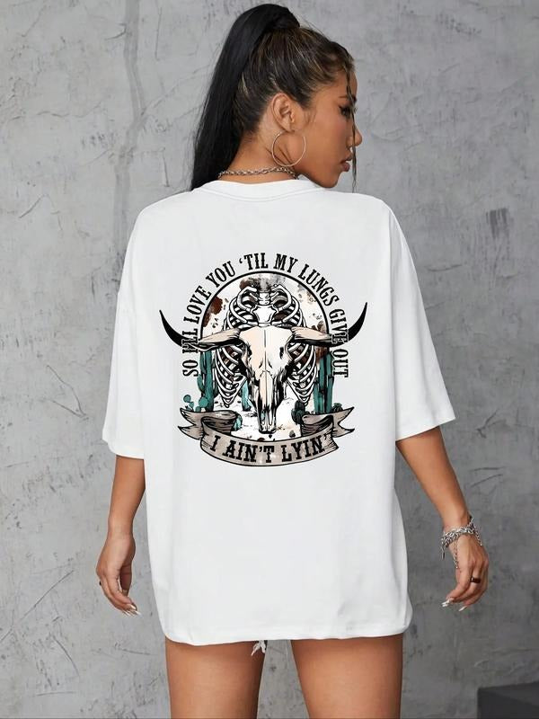 Letter & Cow Head Print Round Neck Casual Cartoon Drop Shoulder Half Sleeve Summer Clothes Daily Western T-Shirts, Hoodie, Sweatshirt - T-Shirt, Sweatshirt, Hoodie