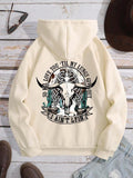 Letter & Cow Print Drawstring Pocket Drop Shoulder Hooded Long Sleeve Daily Vacation Outdoor T-Shirts, Hoodie, Sweatshirt - T-Shirt, Sweatshirt, Hoodie