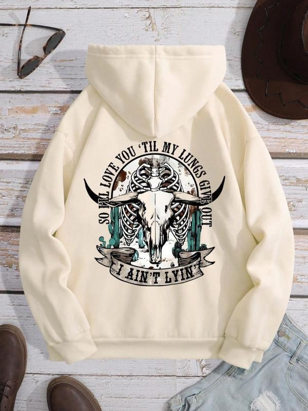 Letter & Cow Print Drawstring Pocket Drop Shoulder Hooded Long Sleeve Daily Vacation Outdoor T-Shirts, Hoodie, Sweatshirt - T-Shirt, Sweatshirt, Hoodie
