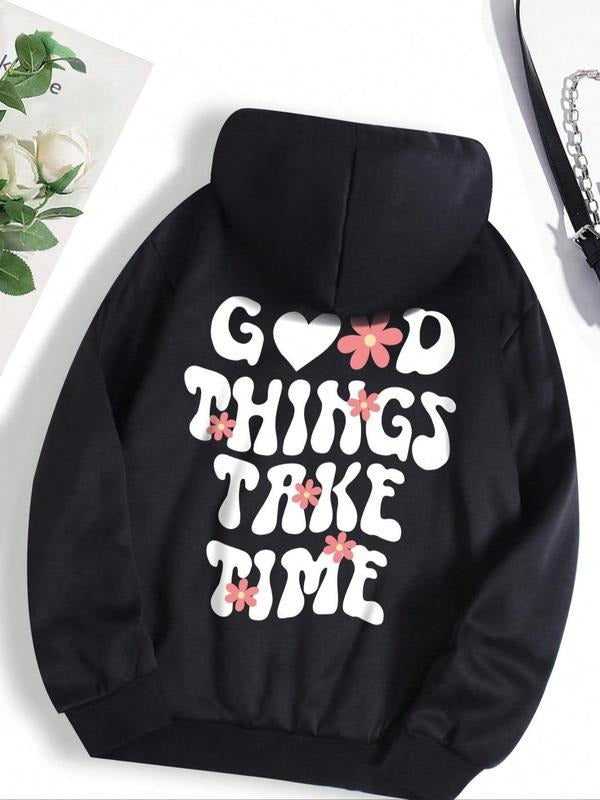 Letter & Floral Print Drawstring Pocket Casual Comfort Fitted Long Sleeve Hooded Daily Lady'S Clothes T-Shirts, Hoodie, Sweatshirt - T-Shirt, Sweatshirt, Hoodie