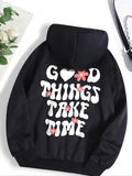 Letter & Floral Print Drawstring Pocket Casual Comfort Fitted Long Sleeve Hooded Daily Lady'S Clothes T-Shirts, Hoodie, Sweatshirt - T-Shirt, Sweatshirt, Hoodie