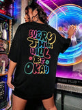 Letter & Floral Print Drop Shoulder Casual Slogan Crew Neck Half Sleeve Daily Vacation Outdoor Summer Clothes T-Shirts, Hoodie, Sweatshirt - T-Shirt, Sweatshirt, Hoodie