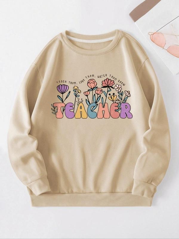 Letter & Floral Print Fitted Drop Shoulder Long Sleeve Womenswear Tops Lady Casual Comfort Round Neck Daily Fall & Winter T-Shirts, Hoodie, Sweatshirt - T-Shirt, Sweatshirt, Hoodie