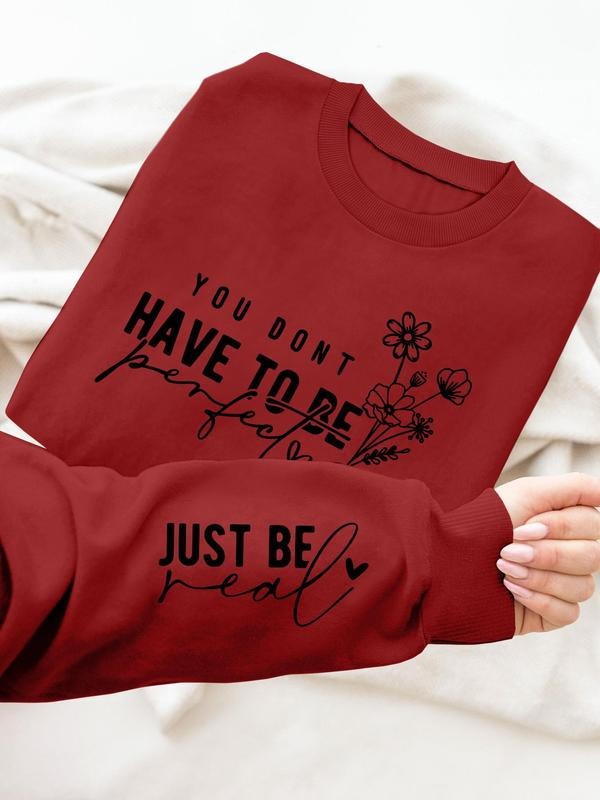 Letter & Flower Print Casual Crew Neck Daily Outdoor Fall & Winter T-Shirts, Hoodie, Sweatshirt - T-Shirt, Sweatshirt, Hoodie