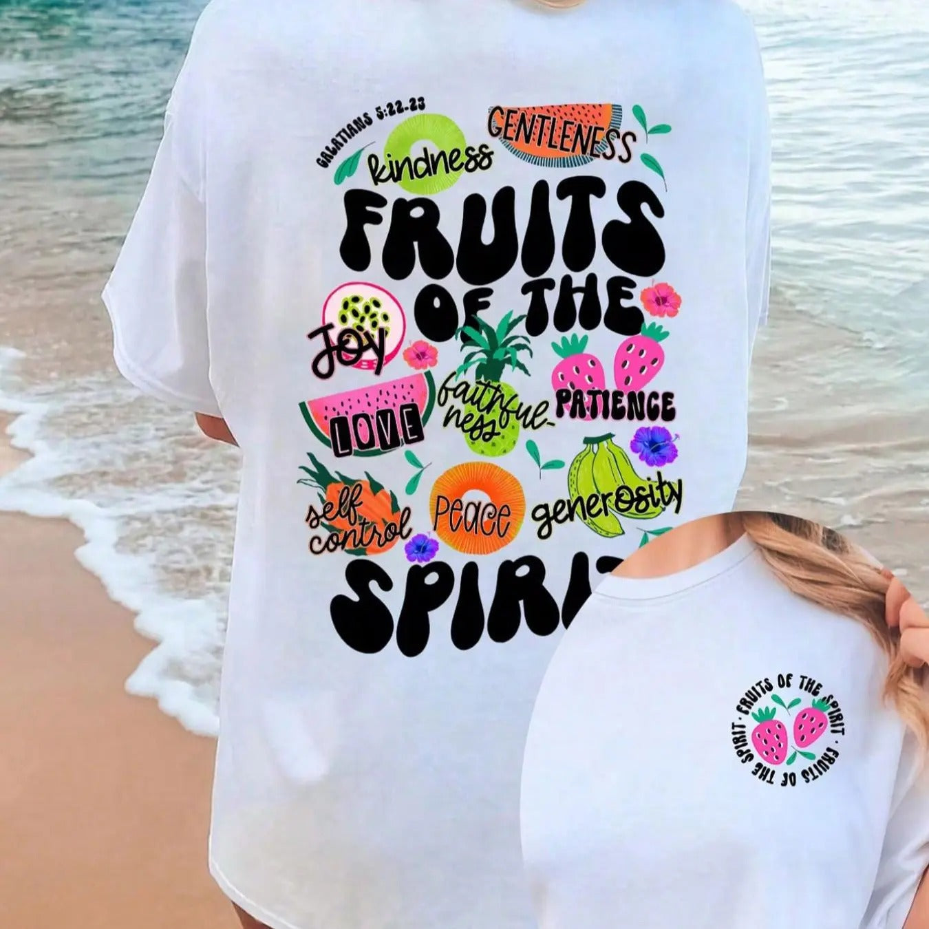 Letter & Fruit Print Drop Shoulder Casual Crew Neck Daily Outdoor Summer Clothes T-Shirts, Hoodie, Sweatshirt - T-Shirt, Sweatshirt, Hoodie