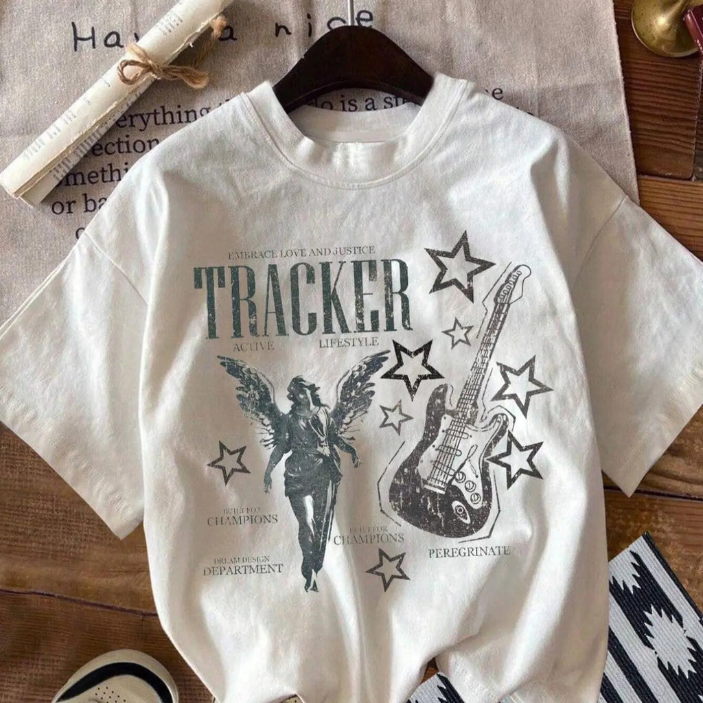 Letter & Guitar & Figure Print Round Neck Vintage Casual Short Sleeve Daily Summer T-Shirts, Hoodie, Sweatshirt - T-Shirt, Sweatshirt, Hoodie