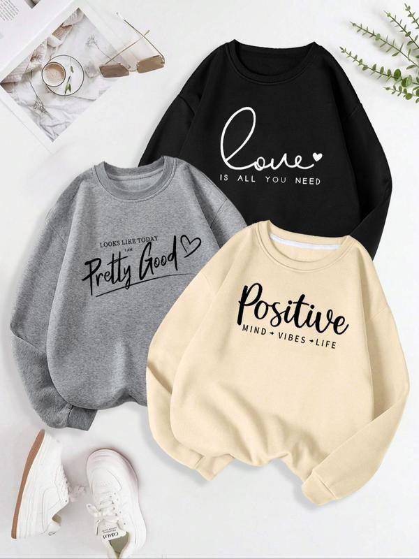 Letter & Heart Print Drop Shoulder Casual Long Sleeve Round Neck Fall & Winter Clothes Daily T-Shirts, Hoodie, Sweatshirt - T-Shirt, Sweatshirt, Hoodie