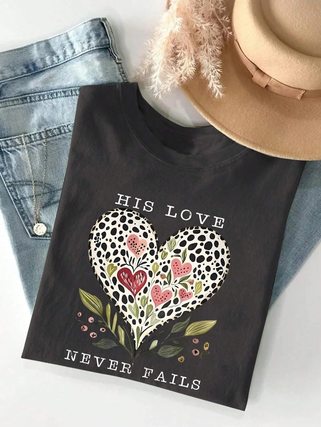 Letter & Heart Print Round Neck Casual Crew Neck Short Sleeve Daily Spring & Fall Clothes T-Shirts, Hoodie, Sweatshirt - T-Shirt, Sweatshirt, Hoodie