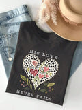 Letter & Heart Print Round Neck Casual Crew Neck Short Sleeve Daily Spring & Fall Clothes T-Shirts, Hoodie, Sweatshirt - T-Shirt, Sweatshirt, Hoodie