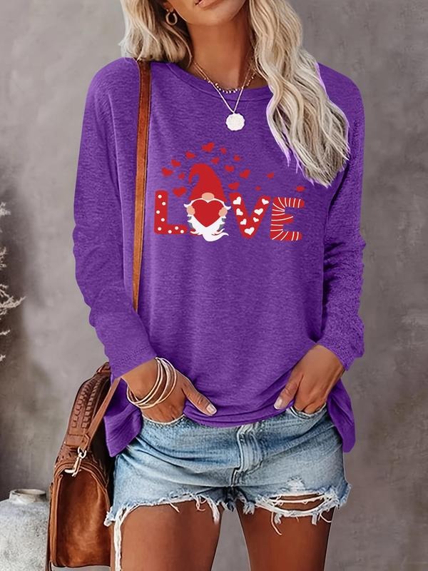 Letter & Heart Print Round Neck Casual Long Sleeve Crew Neck Fall & Winter Top Daily Wearstyle{N002}2 T-Shirts, Hoodie, Sweatshirt - T-Shirt, Sweatshirt, Hoodie
