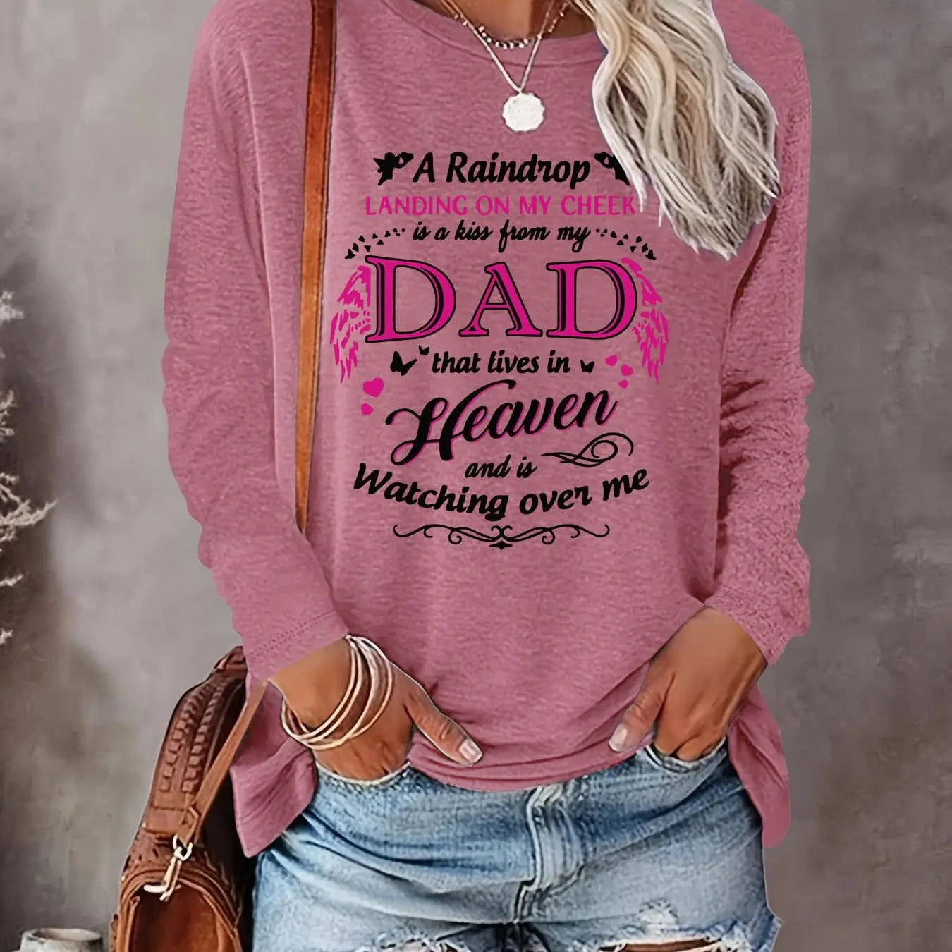 Letter & Heart Print Round Neck Casual Long Sleeve Crew Neck Top Fall & Winter Top Daily T-Shirts, Hoodie, Sweatshirt - T-Shirt, Sweatshirt, Hoodie