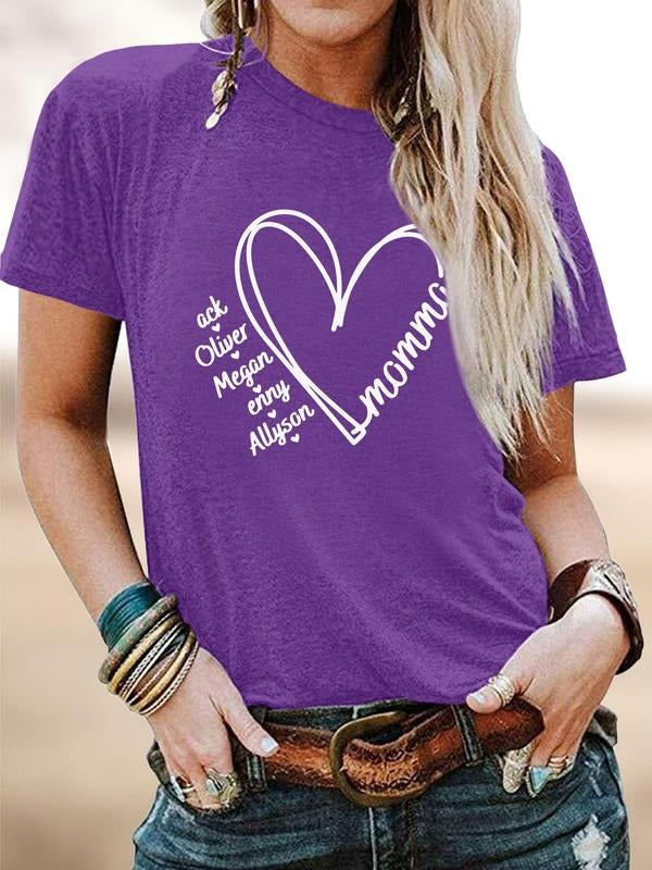 Letter & Heart Print Round Neck Casual Short Sleeve Crew Neck Daily Clothes All Seasons Top T-Shirts, Hoodie, Sweatshirt - T-Shirt, Sweatshirt, Hoodie