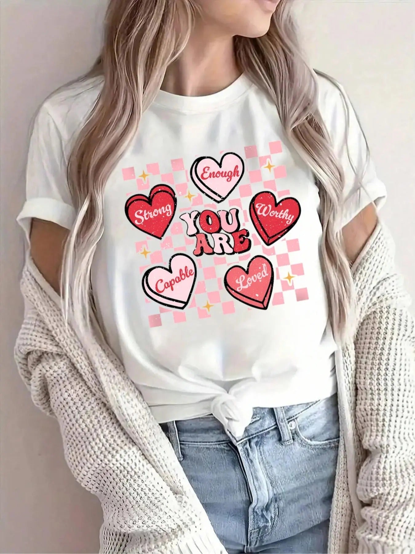 Letter & Heart Print Round Neck Casual Short Sleeve Crew Neck Summer Top Daily T-Shirts, Hoodie, Sweatshirt - T-Shirt, Sweatshirt, Hoodie