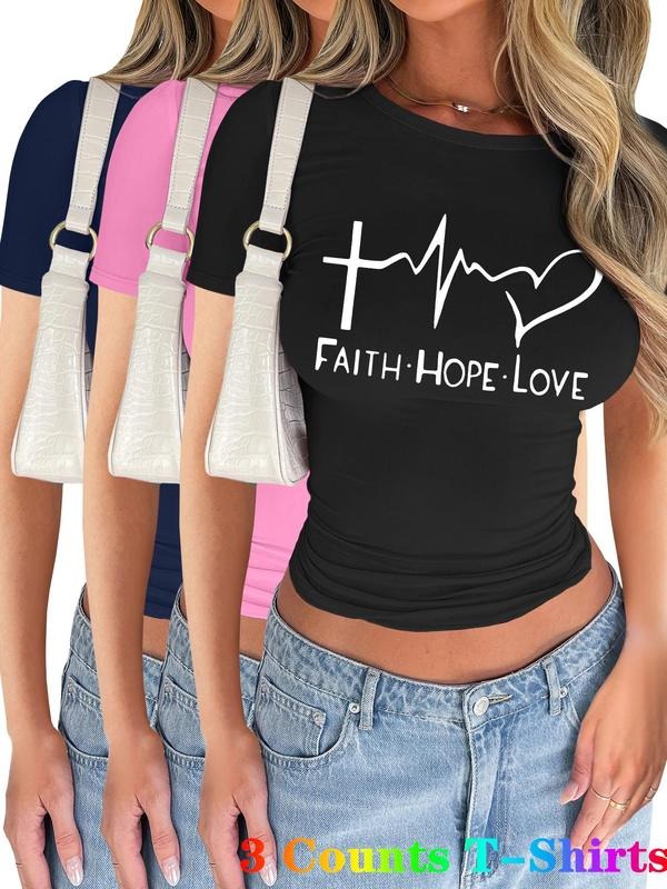 Letter & Heart Print Short Sleeve Casual Faith Hope Love Printed Summer Clothes Daily Top T-Shirts, Hoodie, Sweatshirt - T-Shirt, Sweatshirt, Hoodie