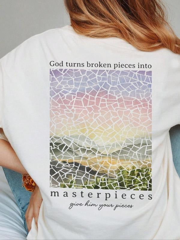Letter & Landscape Print Drop Shoulder Casual Streetwear Half Sleeve Round Neck Summer Top Daily T-Shirts, Hoodie, Sweatshirt - T-Shirt, Sweatshirt, Hoodie