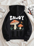 Letter & Mushroom Print Long Sleeve Zip Up Casual Comfort Drawstring Pocket Hooded Daily Outdoor Lady Clothes Fall Winter Womenswear T-Shirts, Hoodie, Sweatshirt - T-Shirt, Sweatshirt, Hoodie