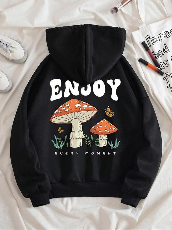 Letter & Mushroom Print Long Sleeve Zip Up Casual Comfort Drawstring Pocket Hooded Daily Outdoor Lady Clothes Fall Winter Womenswear T-Shirts, Hoodie, Sweatshirt - T-Shirt, Sweatshirt, Hoodie