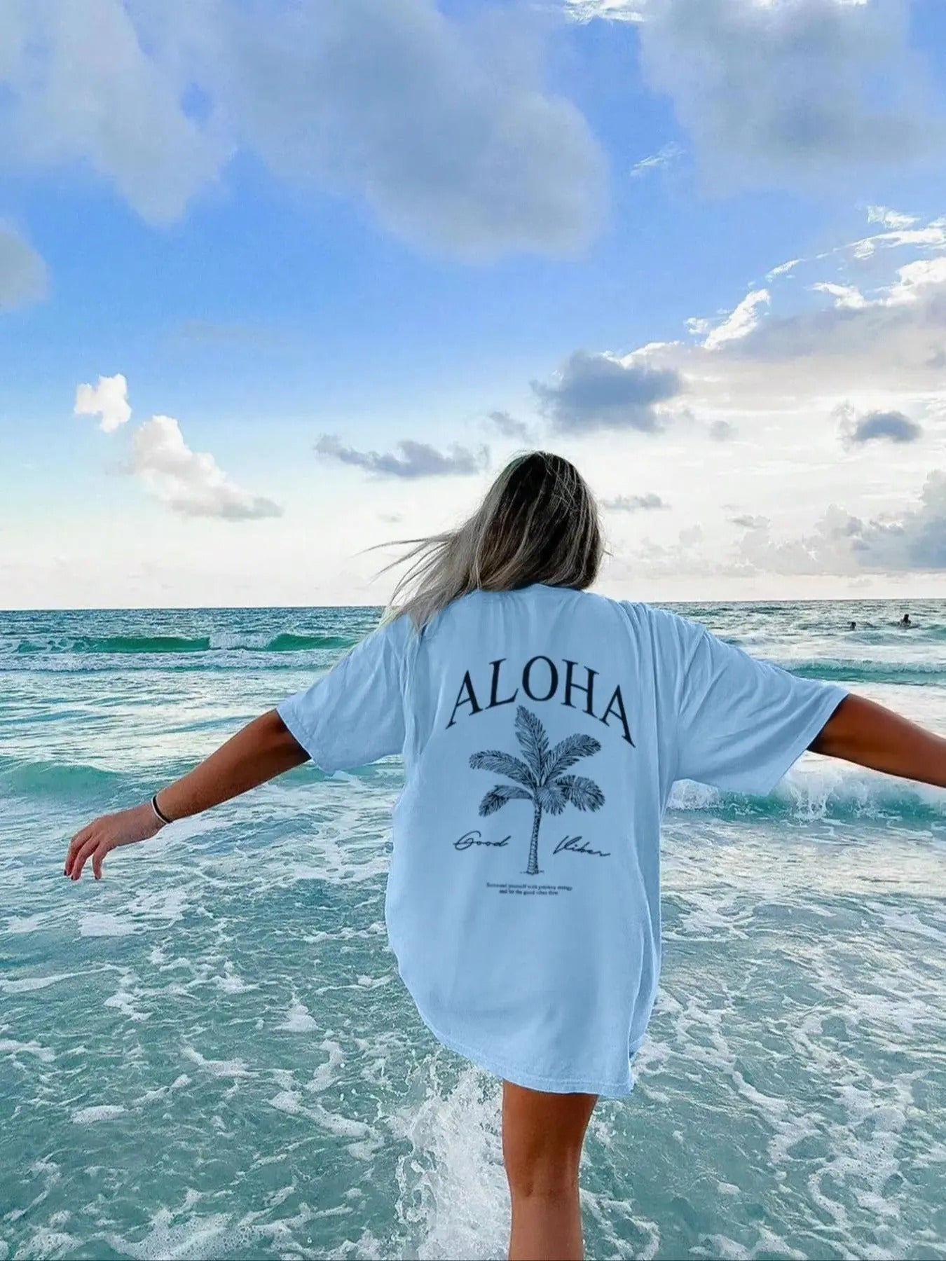 Letter & Palm Tree Print Drop Shoulder Casual Half Sleeve Round Neck Summer Clothes Beach Vacation T-Shirts, Hoodie, Sweatshirt - T-Shirt, Sweatshirt, Hoodie