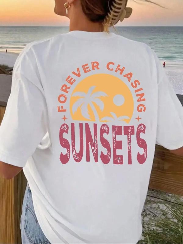 Letter & Palm Tree Print Drop Shoulder Casual Short Sleeve Round Neck Summer Clothes Beach Vacation T-Shirts, Hoodie, Sweatshirt - T-Shirt, Sweatshirt, Hoodie