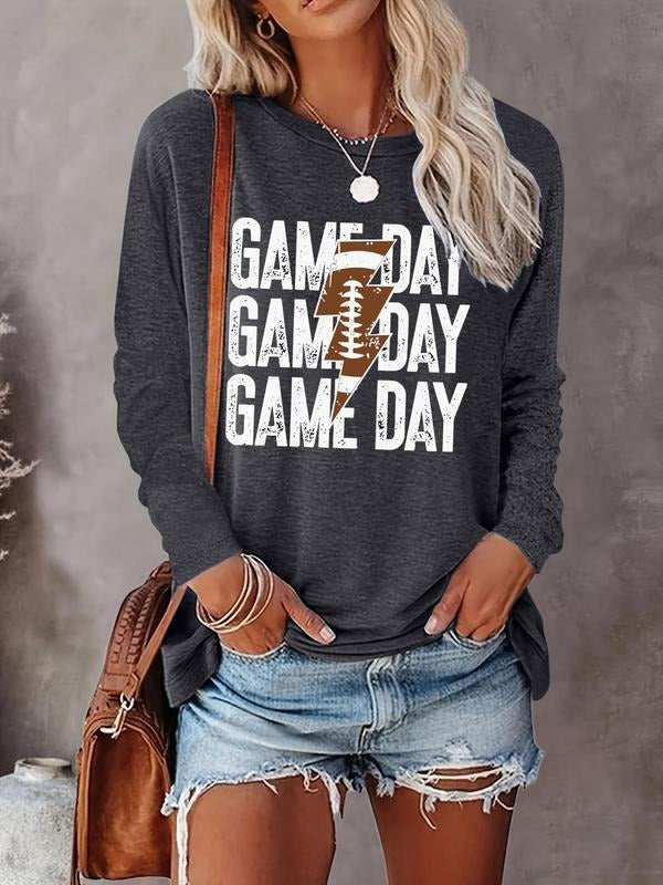 Letter & Rugby Lightning Print Round Neck Casual Long Sleeve Crew Neck Fall & Winter Top Daily T-Shirts, Hoodie, Sweatshirt - T-Shirt, Sweatshirt, Hoodie