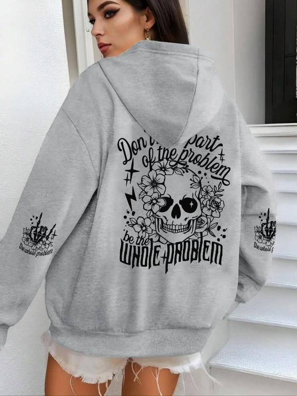 Letter & Skull Print Drop Shoulder Thermal Lined Casual Drawstring Kangaroo Pocket Hooded Daily Outdoor Fall & Winter T-Shirts, Hoodie, Sweatshirt - T-Shirt, Sweatshirt, Hoodie