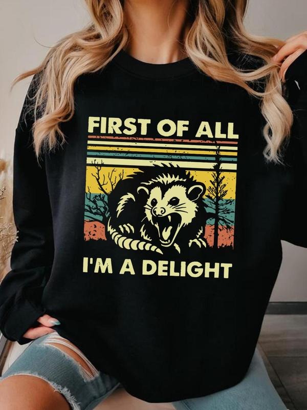 Letter & Skunk Print Crew Neck Casual Long Sleeve Fall & Winter Clothes Daily T-Shirts, Hoodie, Sweatshirt - T-Shirt, Sweatshirt, Hoodie
