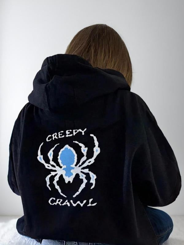 Letter & Spider Print Drop Shoulder Spider Casual Drawstring Pocket Hooded Fall & Winter Clothes Daily Comfort Long Sleeve Tops Lady Womenswear T-Shirts, Hoodie, Sweatshirt - T-Shirt, Sweatshirt, Hoodie