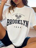 Letter & Tennis Print Drop Shoulder Casual Half Sleeve Round Neck Summer Top Daily T-Shirts, Hoodie, Sweatshirt - T-Shirt, Sweatshirt, Hoodie