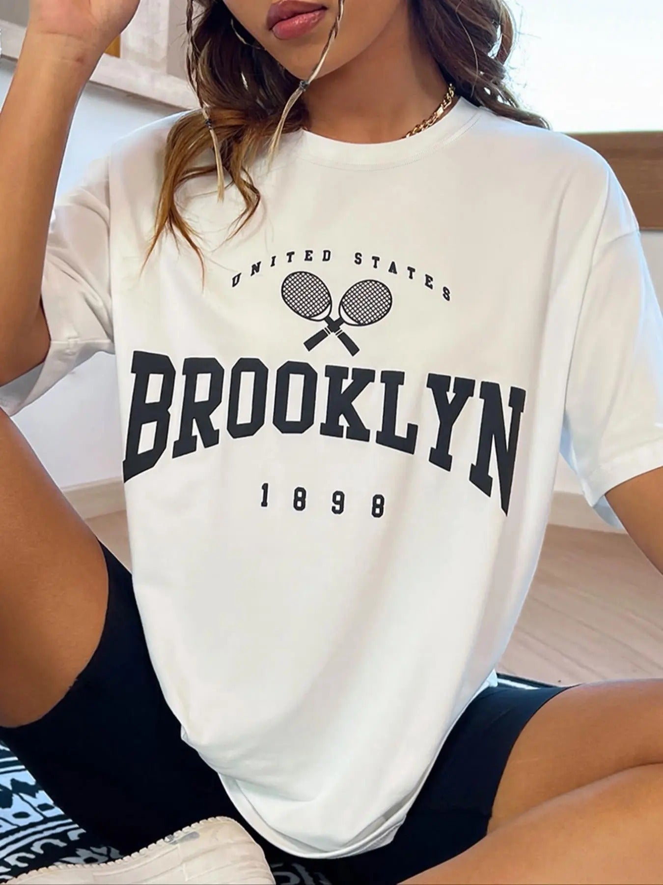 Letter & Tennis Print Drop Shoulder Casual Half Sleeve Round Neck Summer Top Daily T-Shirts, Hoodie, Sweatshirt - T-Shirt, Sweatshirt, Hoodie