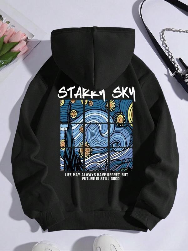 Letter & Wave Print Drop Shoulder Drawstring Pocket Hooded Daily Spring & Fall Comfort Long Sleeve Tops Lady T-Shirts, Hoodie, Sweatshirt - T-Shirt, Sweatshirt, Hoodie