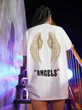 Letter & Wing Print Drop Shoulder Casual Crew Neck Half Sleeve Daily Outdoor Summer Clothes T-Shirts, Hoodie, Sweatshirt - T-Shirt, Sweatshirt, Hoodie