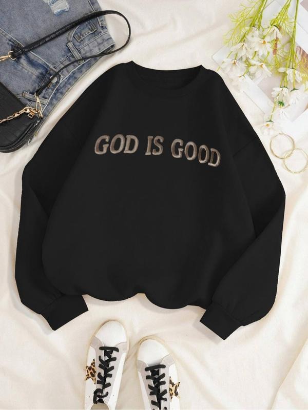 Letter Pattern Drop Shoulder Casual Long Sleeve Round Neck Fall & Winter Clothes Daily T-Shirts, Hoodie, Sweatshirt - T-Shirt, Sweatshirt, Hoodie