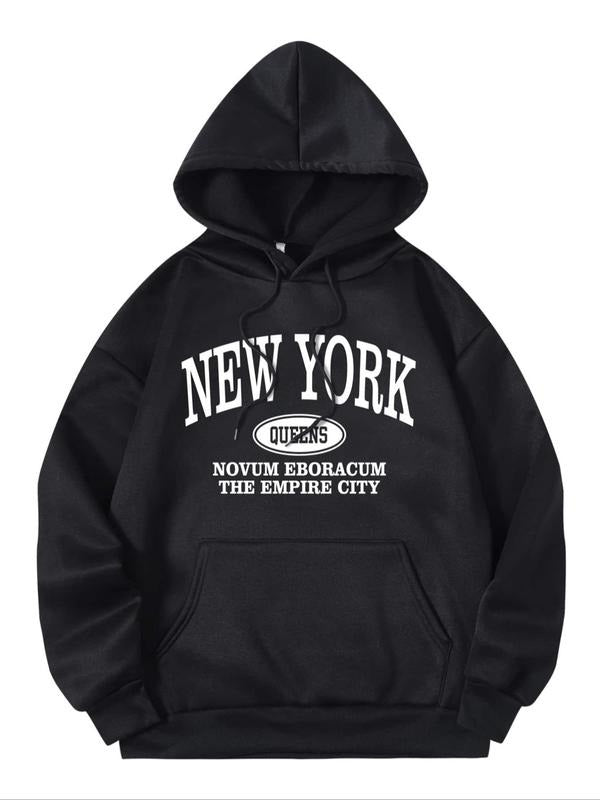 Letter Print Drawstring Pocket Drop Shoulder Casual Hooded Long Sleeve Daily Outdoor Clothes Fall & Winter T-Shirts, Hoodie, Sweatshirt - T-Shirt, Sweatshirt, Hoodie