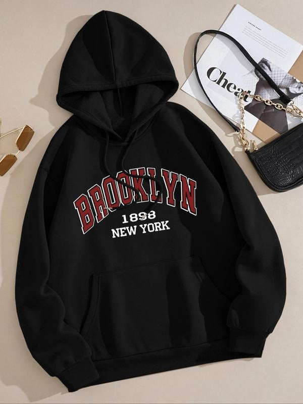 Letter Print Drawstring Pocket Casual Comfy Drop Shoulder Hooded Daily Clothes Fall & Winter T-Shirts, Hoodie, Sweatshirt - T-Shirt, Sweatshirt, Hoodie