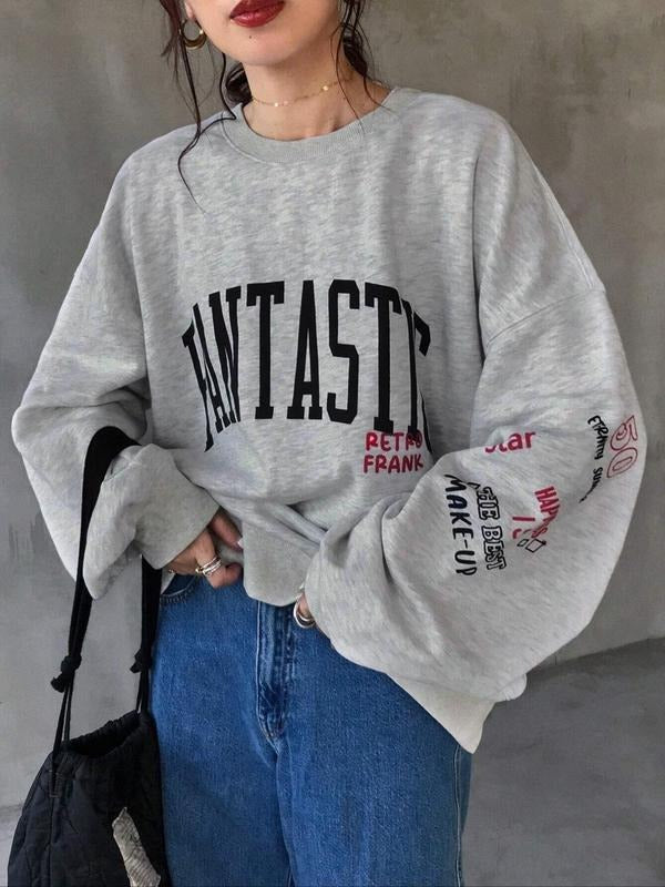 Letter Print Drop Shoulder Thermal Lined Casual Long Sleeve Round Neck Fall & Winter Clothes Daily T-Shirts, Hoodie, Sweatshirt - T-Shirt, Sweatshirt, Hoodie