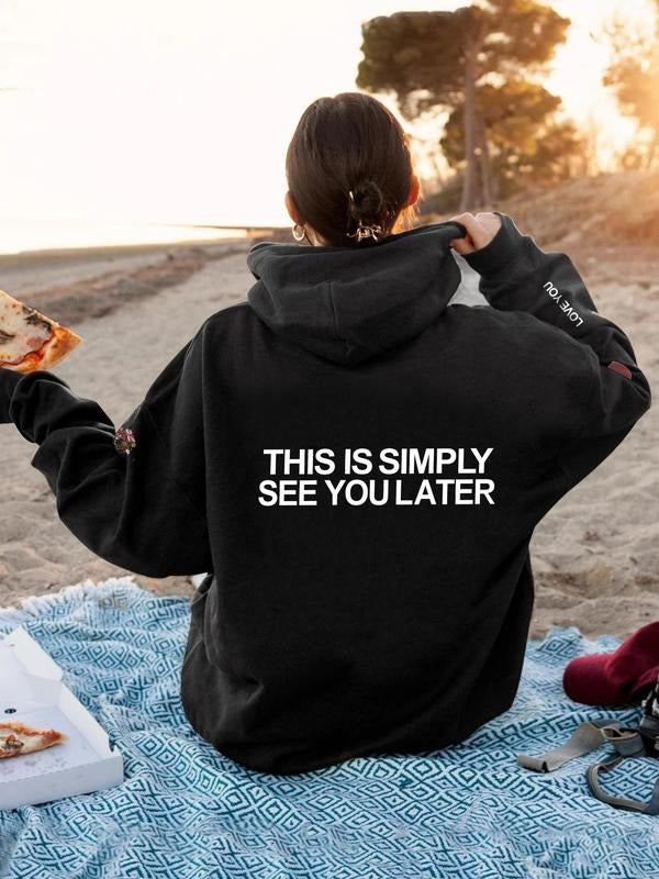 Letter Print Drop Shoulder Drawstring Casual Pocket Hooded Daily Fall & Winter Clothes T-Shirts, Hoodie, Sweatshirt - T-Shirt, Sweatshirt, Hoodie